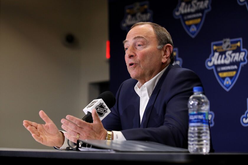 ST LOUIS, MISSOURI - JANUARY 24: Commissioner Gary Bettman speaks to the media prior to the 2020 NHL All-Star Skills Competition at Enterprise Center on January 24, 2020 in St Louis, Missouri. (Photo by Bruce Bennett/Getty Images)