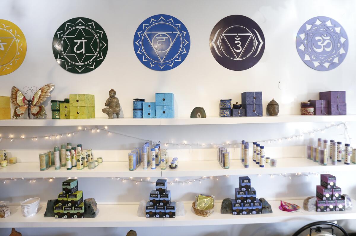 Chakra-related items on display Wednesday during a summer solstice celebration at the Chakra Shack in Laguna Beach.