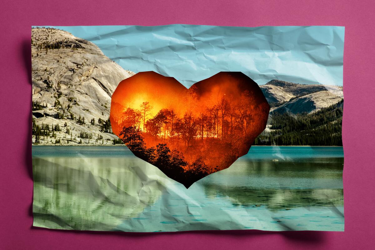 photo illustration of a wrinkled photo of a yosemite landscape with a heart showing wildfires in center.