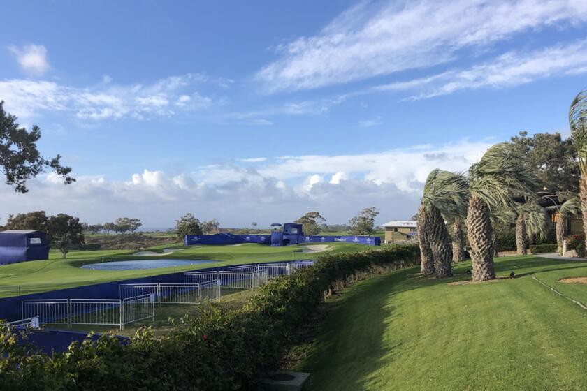 The high winds Monday that bent trees and toppled TV towers led to closure of the Torrey Pines Golf Course.