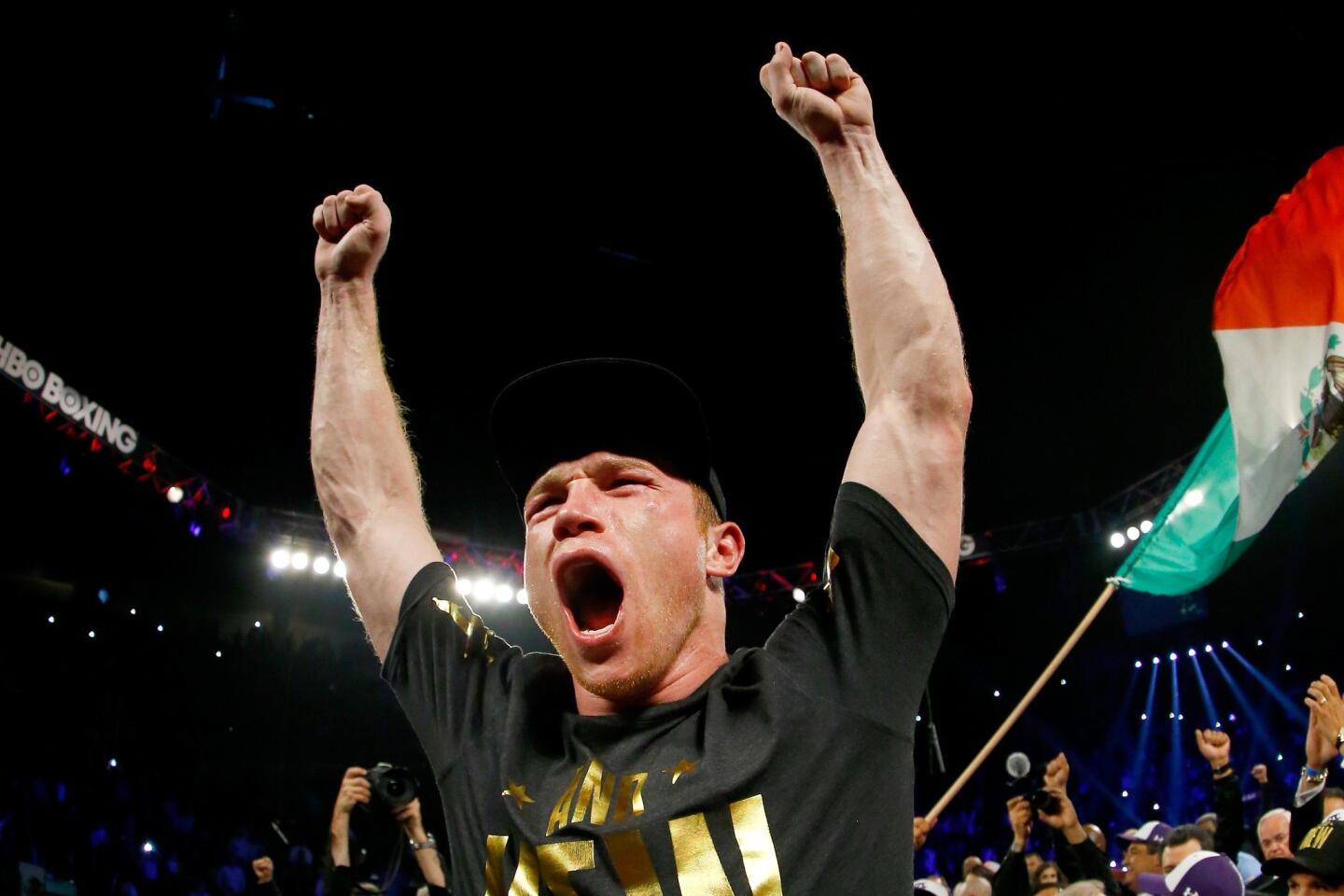 Canelo Alvarez celebrates after defeating Miguel Cotto by unanimous decision in their middleweight fight at the Mandalay Bay Events Center on November 21, 2015 in Las Vegas, Nevada.