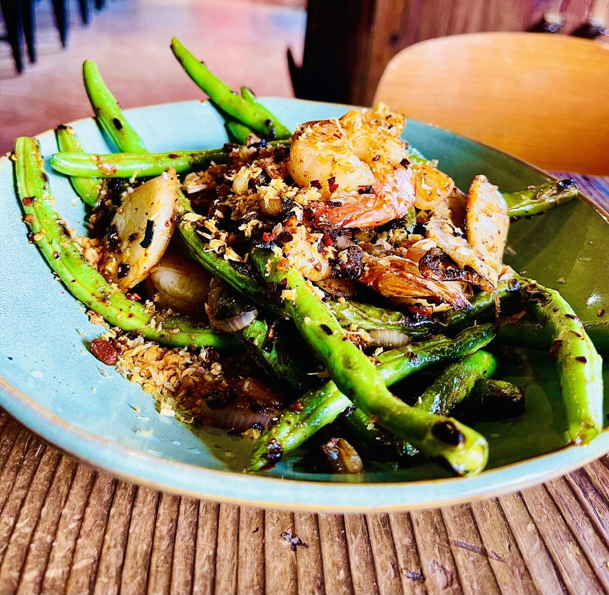 Chile crisp green beans and shrimp at Full of Life Flatbread in Los Alamos.