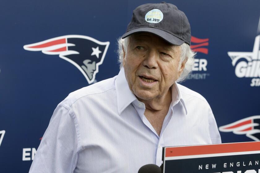 FILE - In this June 7, 2018, file photo, New England Patriots owner Robert Kraft speaks with reporters following an NFL football minicamp practice, in Foxborough, Mass. Police in Florida have charged New England Patriots owner Robert Kraft with misdemeanor solicitation of prostitution, saying they have videotape of him paying for a sex act inside an illicit massage parlor. Jupiter police told reporters Friday, Feb. 22, 2019, that the 77-year-old Kraft has not been arrested. (AP Photo/Steven Senne, File)