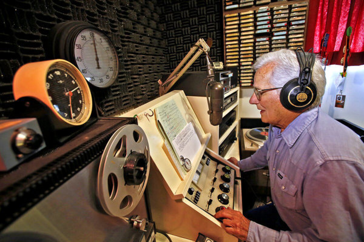 Chuck Cecil, 90, records his "Swingin' Years" radio show from a studio in his Ventura home. He has been hosting the show since 1956.