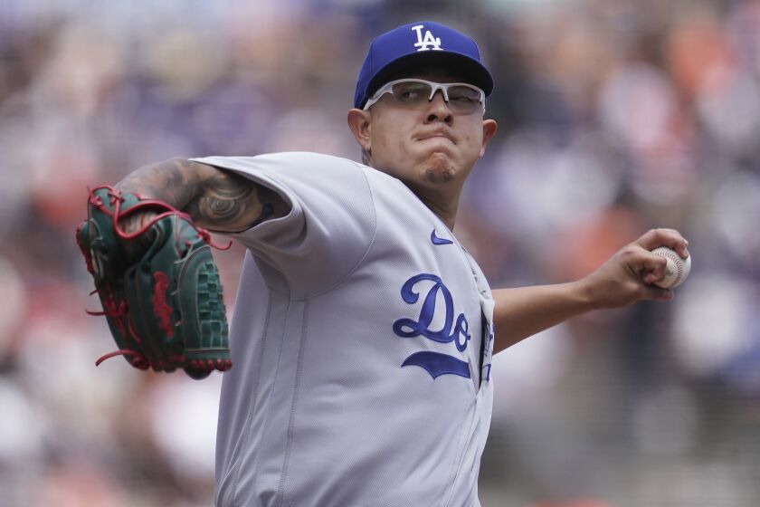 Los Angeles Dodgers' Julio Urias pitches against the San Francisco Giants.