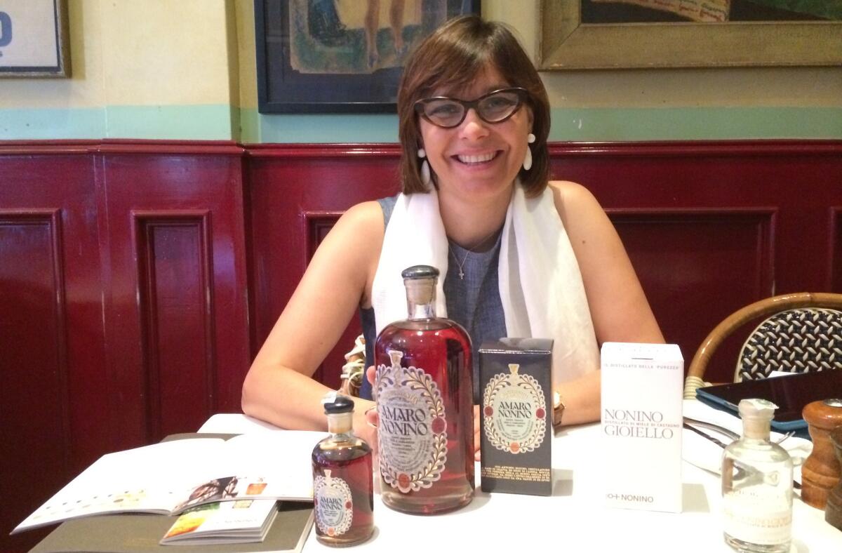 Elisabetta Nonino at Cafe Stella presenting her family's Amaro Nonino and a new product distilled from honey called Gioiello.