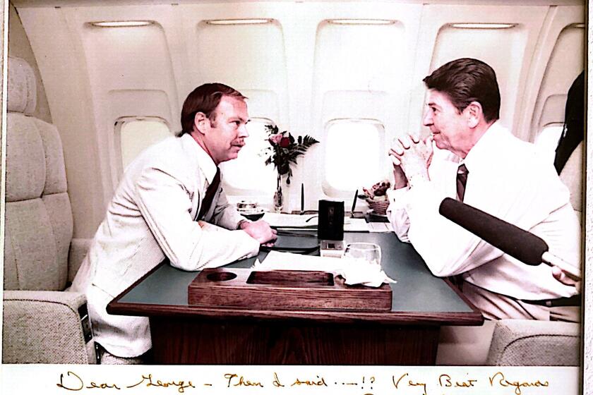 Los Angeles Times journalist George Skelton interviewing then-President Ronald Reagan on Air Force One in 1983.