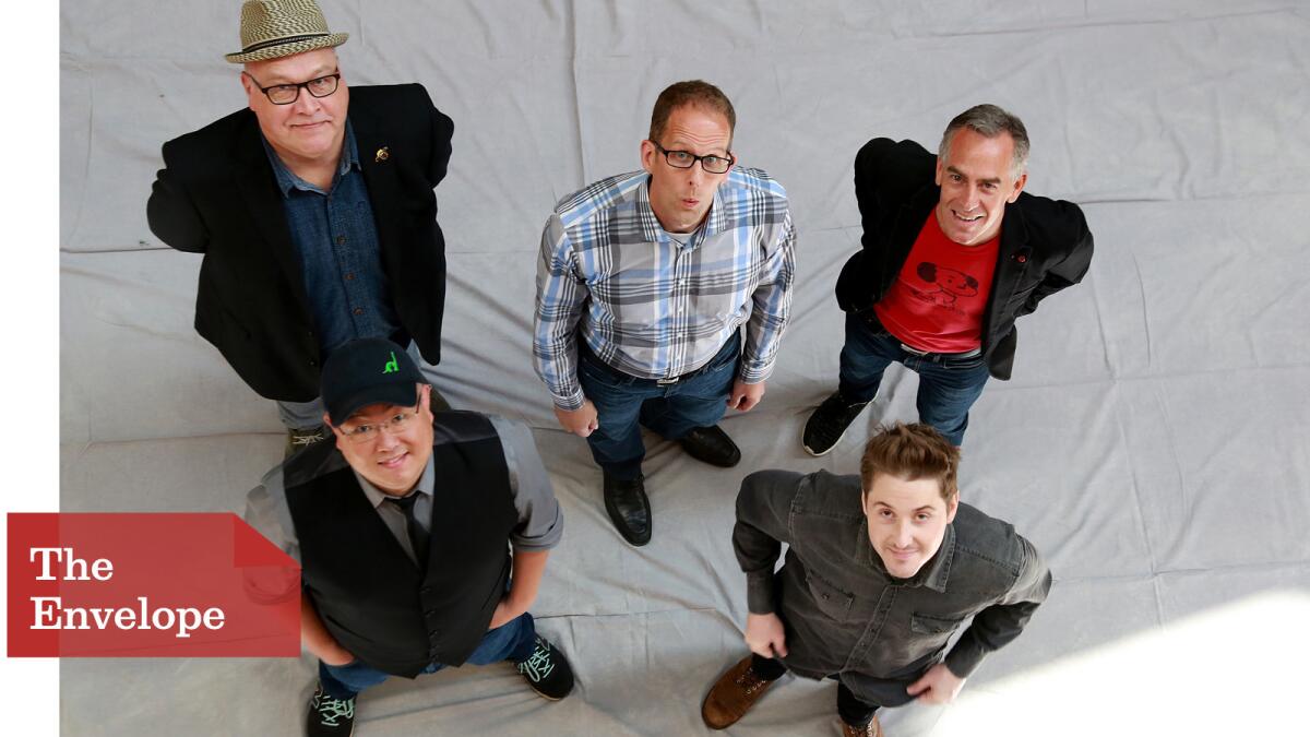 An animated gathering with, clockwise from top left, directors Richard Starzak, Pete Docter, Steve Martino, Duke Johnson and Peter Sohn.