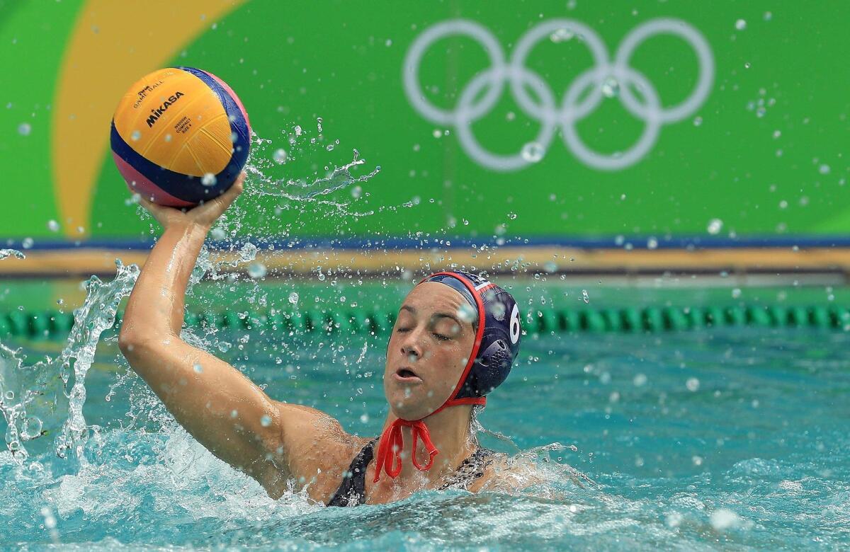 Maggie Steffens, a Newport Beach resident, scored four goals for the U.S. women’s water polo team in its 12-4 win over China in group play on Thursday. Steffens has six goals in two wins for Team USA.
