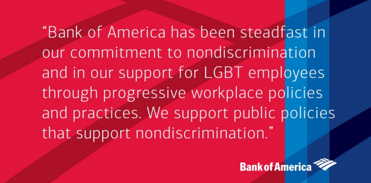 Charlotte-based Bank of America issued this statement, but has been silent on concrete steps it will take to oppose the N.C. law. (BofA)