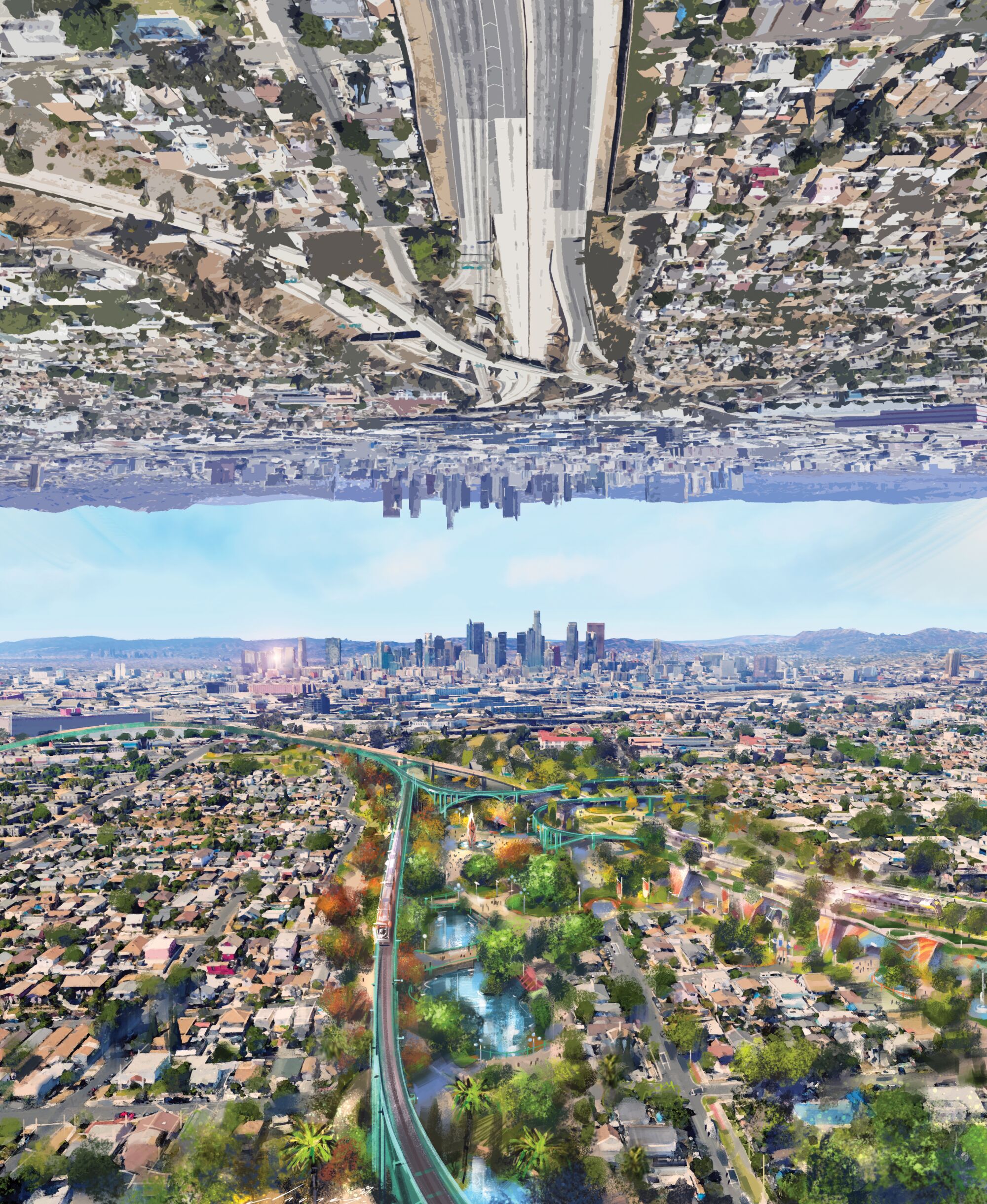 Mirror images of the East L.A. Interchange, the bottom image containing parks and rivers.