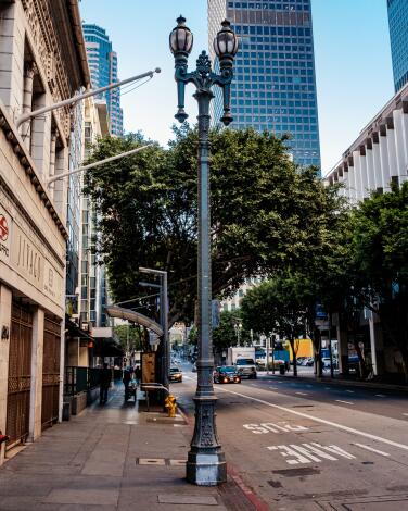 A street lamp on Broadway in Los Angeles.
