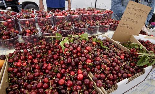 Swanson cherries (a local variety from Hanford, relatively small and soft, but very flavorful when dark) grown by David Avila in Hanford, Calif., seen at the Canoga Park farmers market.
