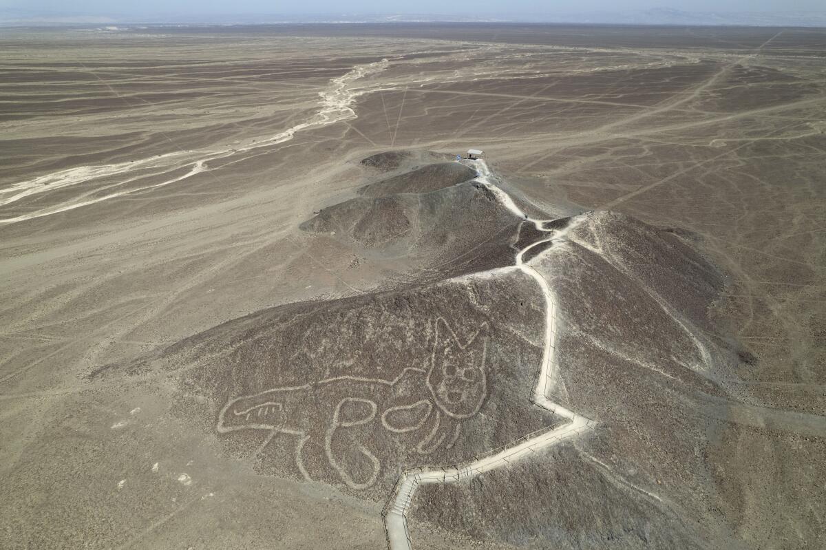 Un geoglifo de la Línea de Nazca con forma de gato se ve desde arriba en Nazca, Perú, 