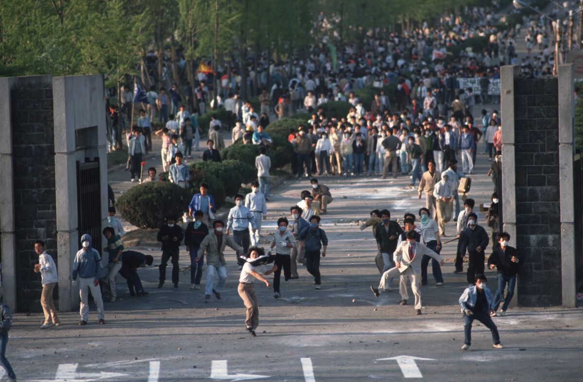 Demonstrators at a university in Seoul in June 1988.