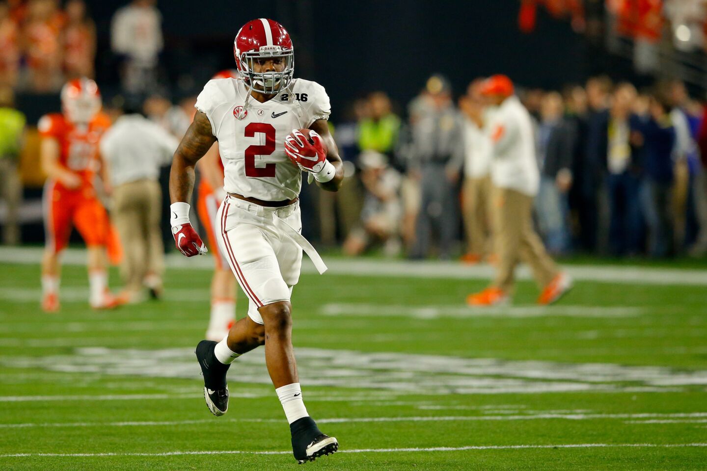 Alabama running back Derrick Henry warms up prior to the 2016 College Football Playoff championship game against the Clemson Tigers.