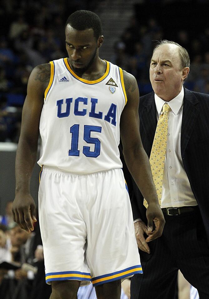 UCLA Coach Ben Howland talks to guard Shabazz Muhammad in the closing moments of a 68-60 victory over Stanford on Saturday afternoon at Pauley Pavilion.