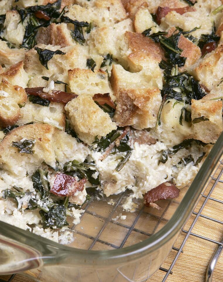 Bread pudding with dandelion greens and bacon