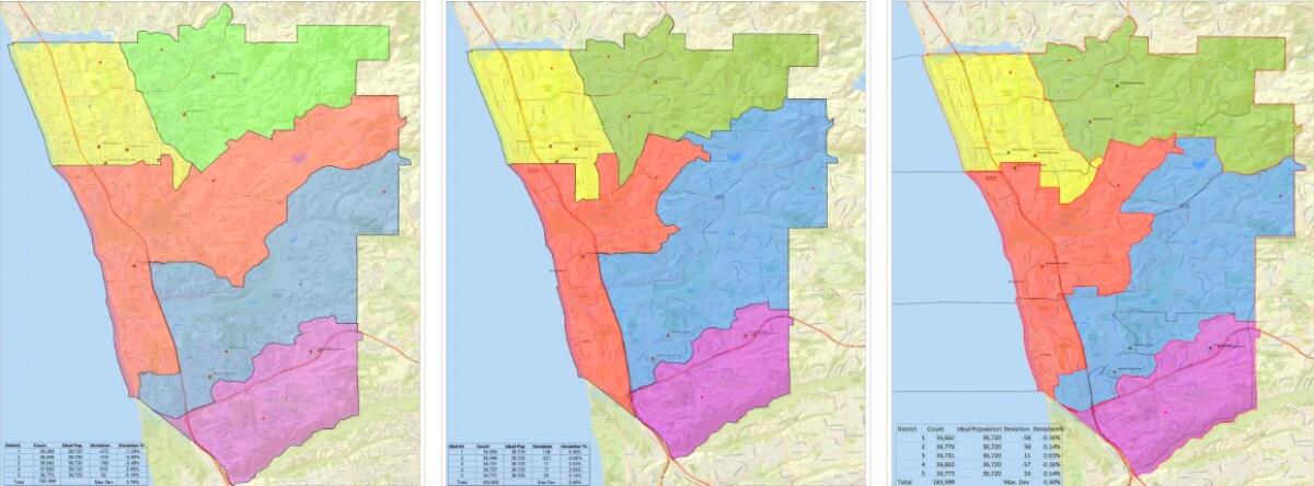 The three proposed SDCOE maps for San Dieguito.