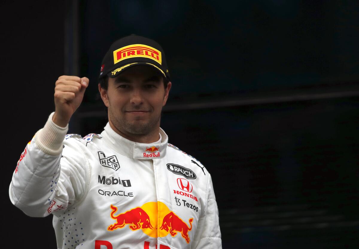 Third placed Red Bull driver Sergio Perez 