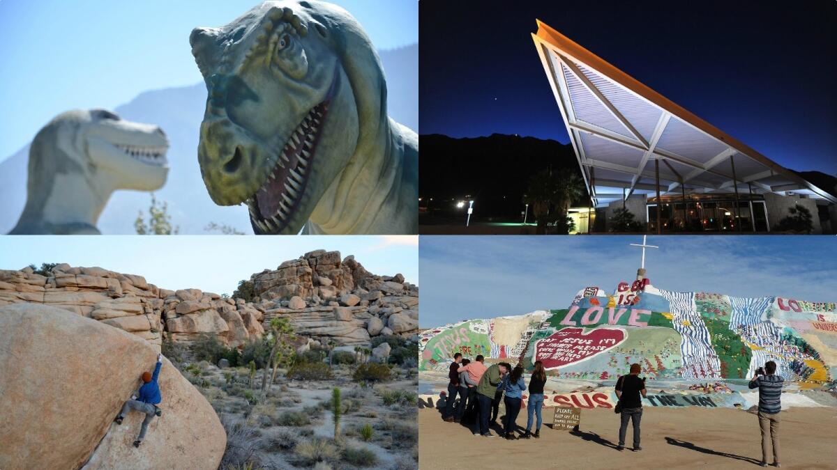 California desert highlights in and around the Coachella Valley include, clockwise from top left, the Cabazon dinosaurs, the Palm Springs Visitor Center, Salvation Mountain and Joshua Tree National Park.