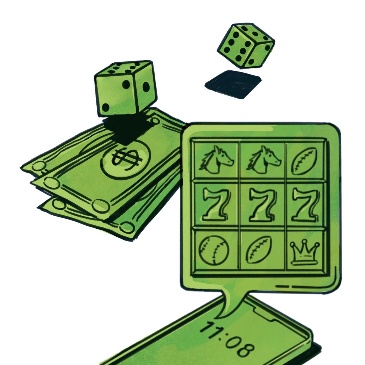 ilustración de dados, dinero en efectivo y un mensaje telefónico que muestra los íconos de la máquina tragamonedas