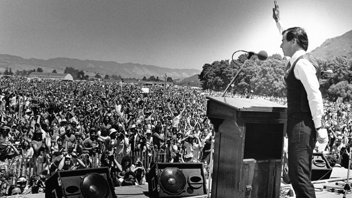 Gov. Jerry Brown addresses a crowd protesting the construction of the Diablo Canyon nuclear power plant in 1979.