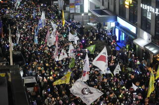 A crowd of people marches through the street carrying flags.