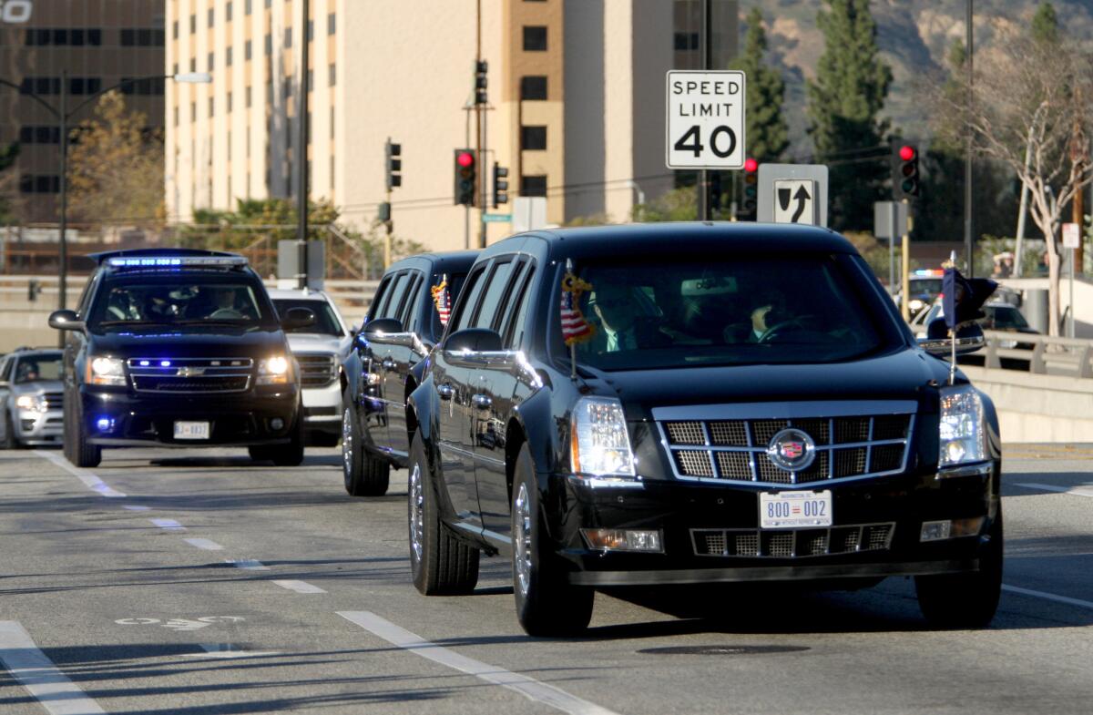 President Obama's motorcade travels Hollywood Way after landing in Marine One at Bob Hope Airport in Burbank in February. (Raul Roa / Glendale News-Press)