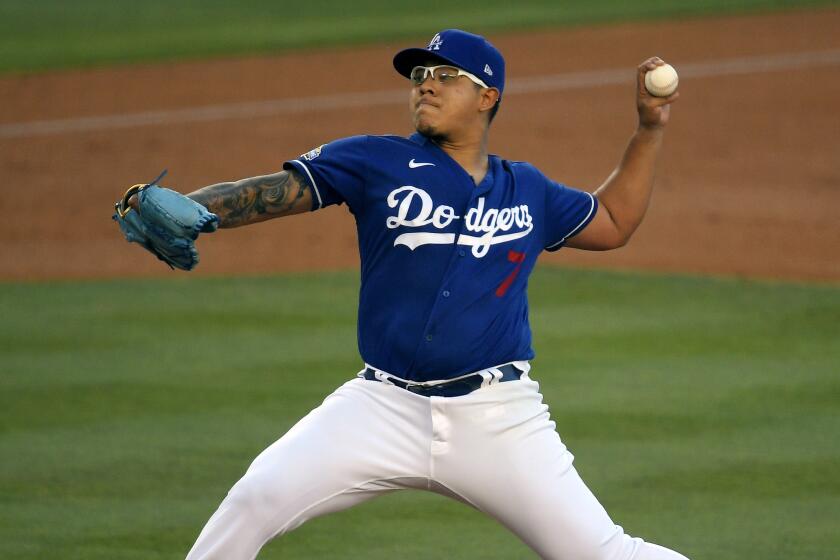Dodgers pitcher Julio Urias throws during an intrasquad baseball game Wednesday, July 15, 2020, in Los Angeles.