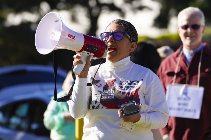Chula Vista, CA - January 24: Adriana Jasso addressed the more than a dozen demonstrators in front of the San Diego Sector, U.S. Border Patrol office on Tuesday, Jan. 24, 2023 in Chula Vista, CA. The group was peacefully demonstrating that their voice has not been heard regarding Friendship Park. (Nelvin C. Cepeda / The San Diego Union-Tribune)