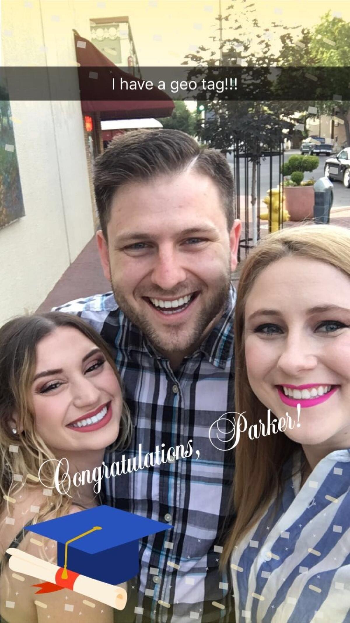 From left, Kellie Naples, Parker Beverly and his sister, Lauren Beverly take a selfie using a geofilter honoring Parker Beverly. (Ann Beverly)
