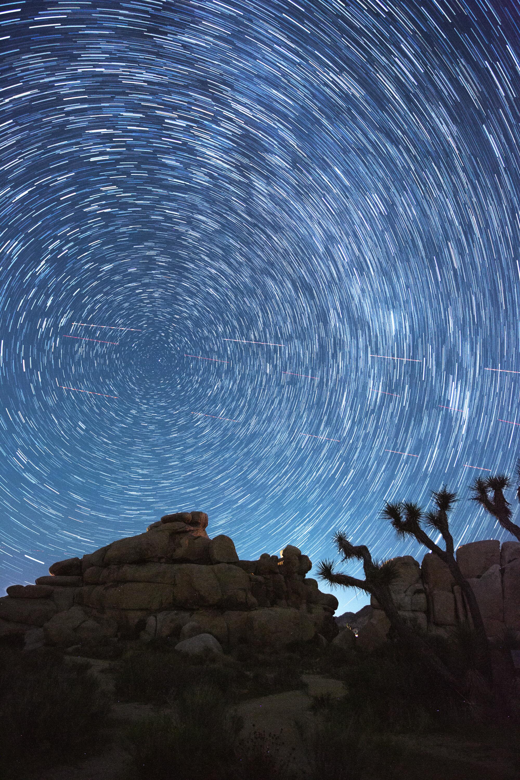 A composite of star photos, made in Joshua Tree during a dark sky photography workshop.