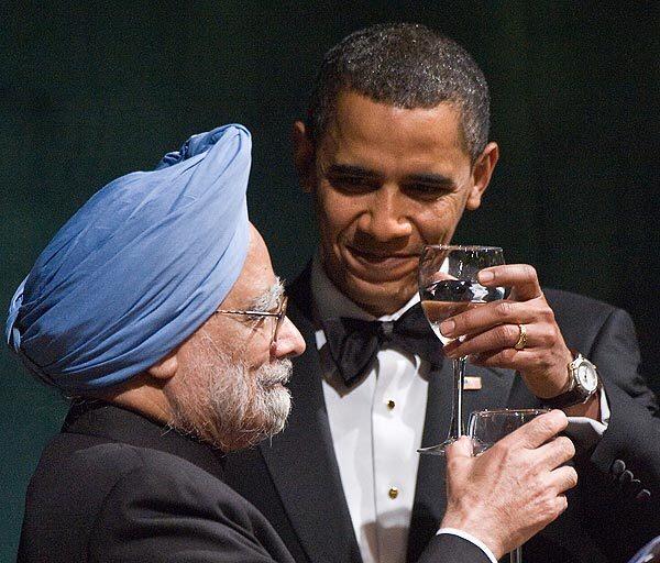 India's Prime Minister Manmohan Singh with President Obama during the first official state dinner of Obama's administration.