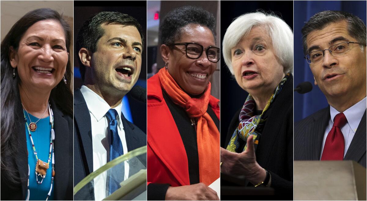 Some of Biden’s Cabinet nominees, from left: Debra Haaland, Pete Buttigieg, Marcia L. Fudge, Janet Yellen and Xavier Becerra.