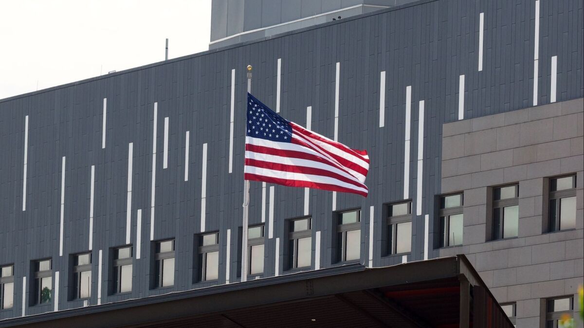 The Stars and Stripes flies at the American Institute in Taiwan, the de facto U.S. Embassy in Taipei, in June 2018.