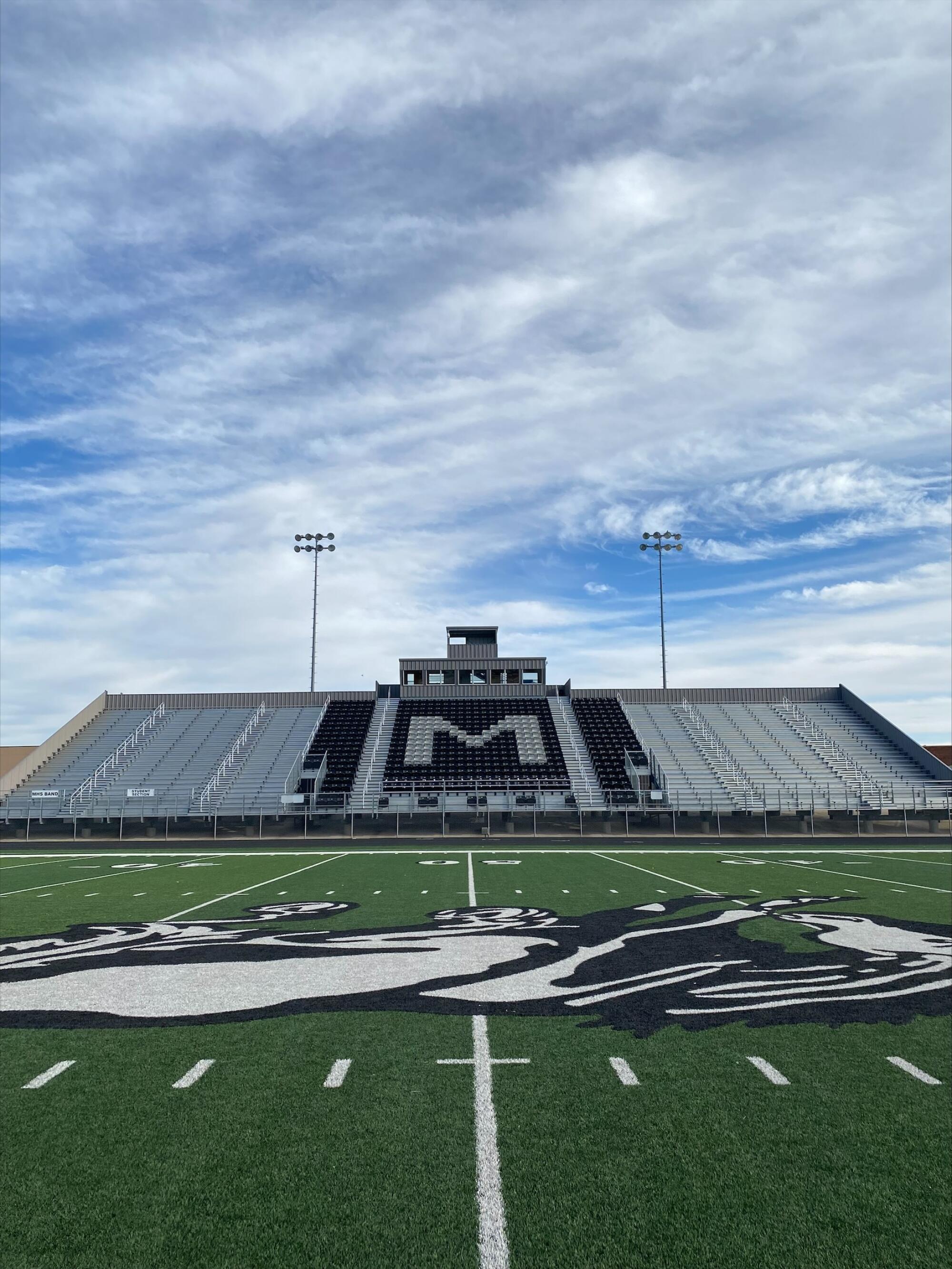 A photograph of the Muleshoe High football stadium.