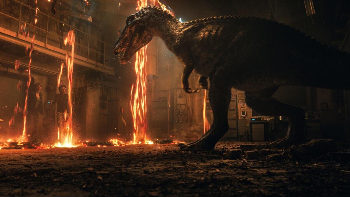 Bryce Dallas Howard and Justice Smith encounter the Baryonyx in "Jurassic World: Fallen Kingdom."