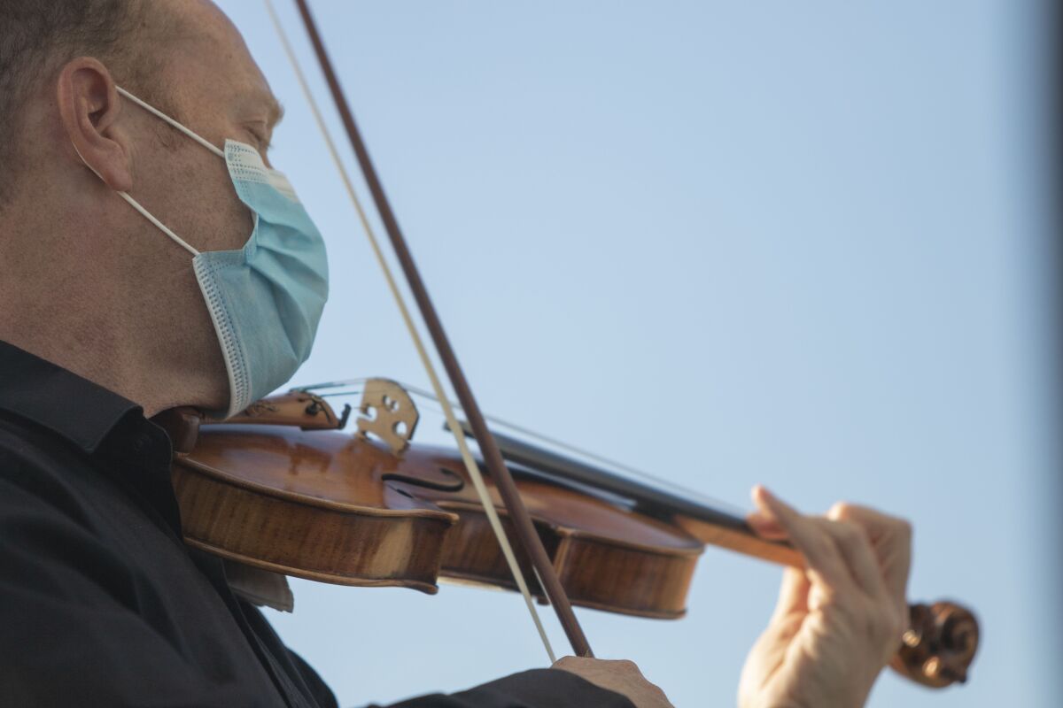 San Diego Symphony Concertmaster Jeff Thayer performs in a Mainly Mozart concert on Saturday, July 11, 2020, in Del Mar.