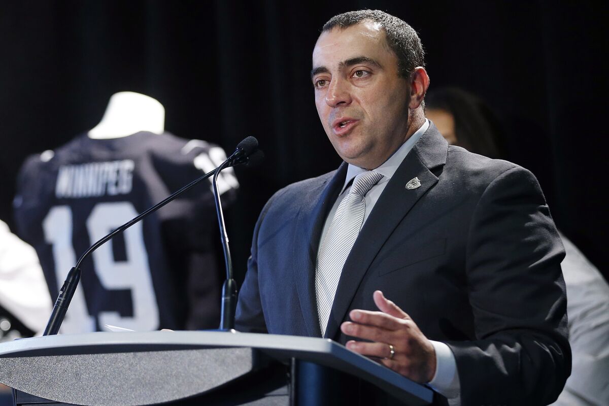 FILE - Dan Ventrelle, of the Oakland Raiders, speaks to the media, on June 5, 2019, at a press conference in Winnipeg, Manitoba. Ventrelle, the team president, has left the organization less than a year after taking over the job, owner Las Vegas Raiders Mark Davis announced in a statement Friday, May 6, 2022. (John Woods/The Canadian Press via AP, File)