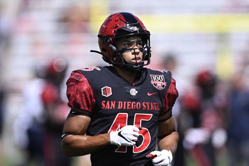 San Diego State wide receiver Jesse Matthews plays during an NCAA college football game against the Toledo Rockets, Saturday, Sept. 24, 2022, in San Diego. (AP Photo/Denis Poroy)