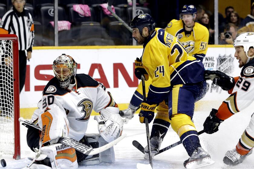 Predators left wing Eric Nystrom (24) scores against Ducks goalie Anton Khudobin in the second period Thursday.
