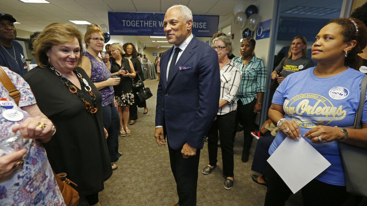 Mike Espy, a Democrat and President Bill Clinton's first agriculture secretary, speaks in Jackson, Miss., to supporters and volunteers in his campaign for November's special election on Sept. 7.