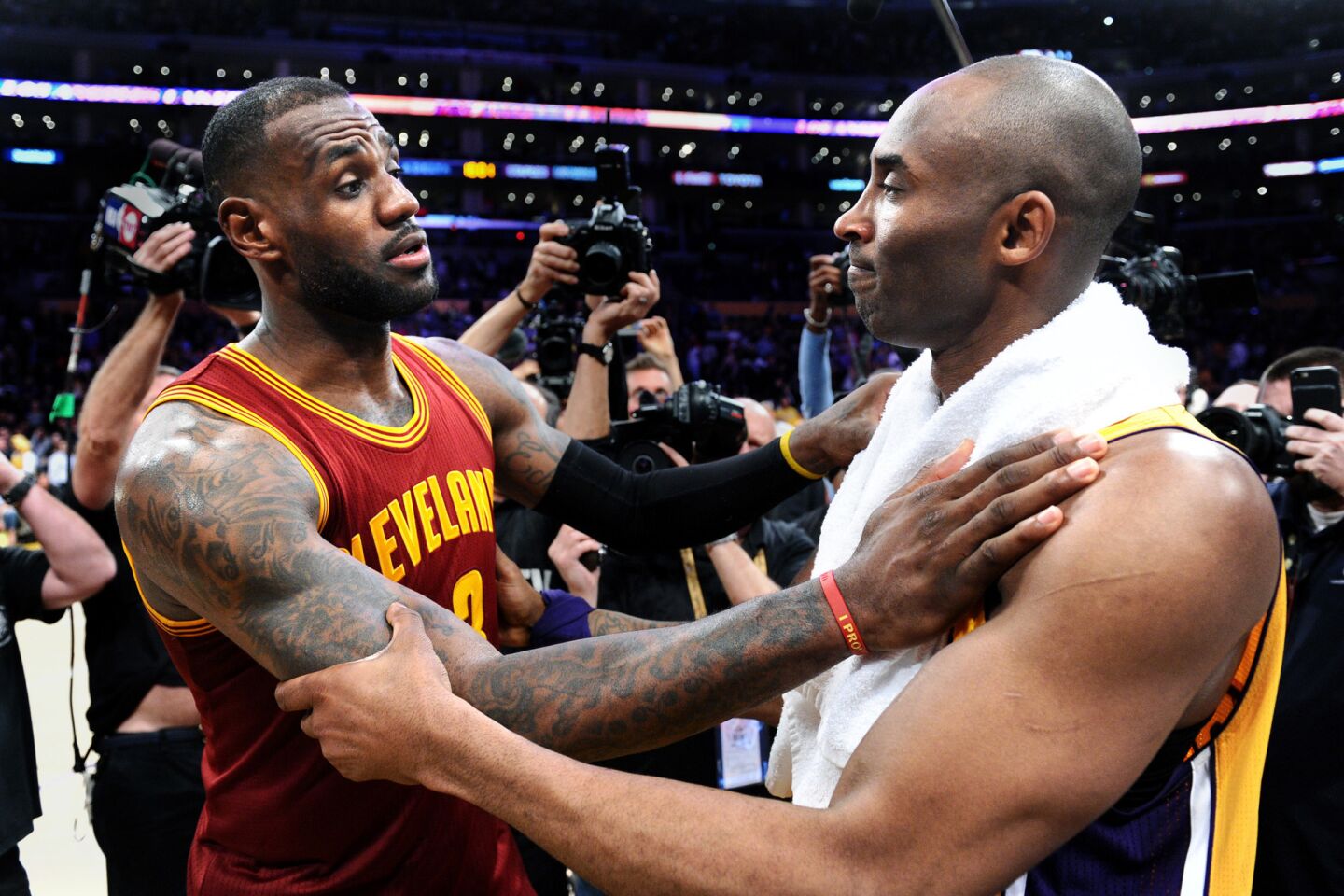 Kobe Bryant and the Cavaliers LeBron James hug after the last time they faced each other on the court at Staples Center, March 10.
