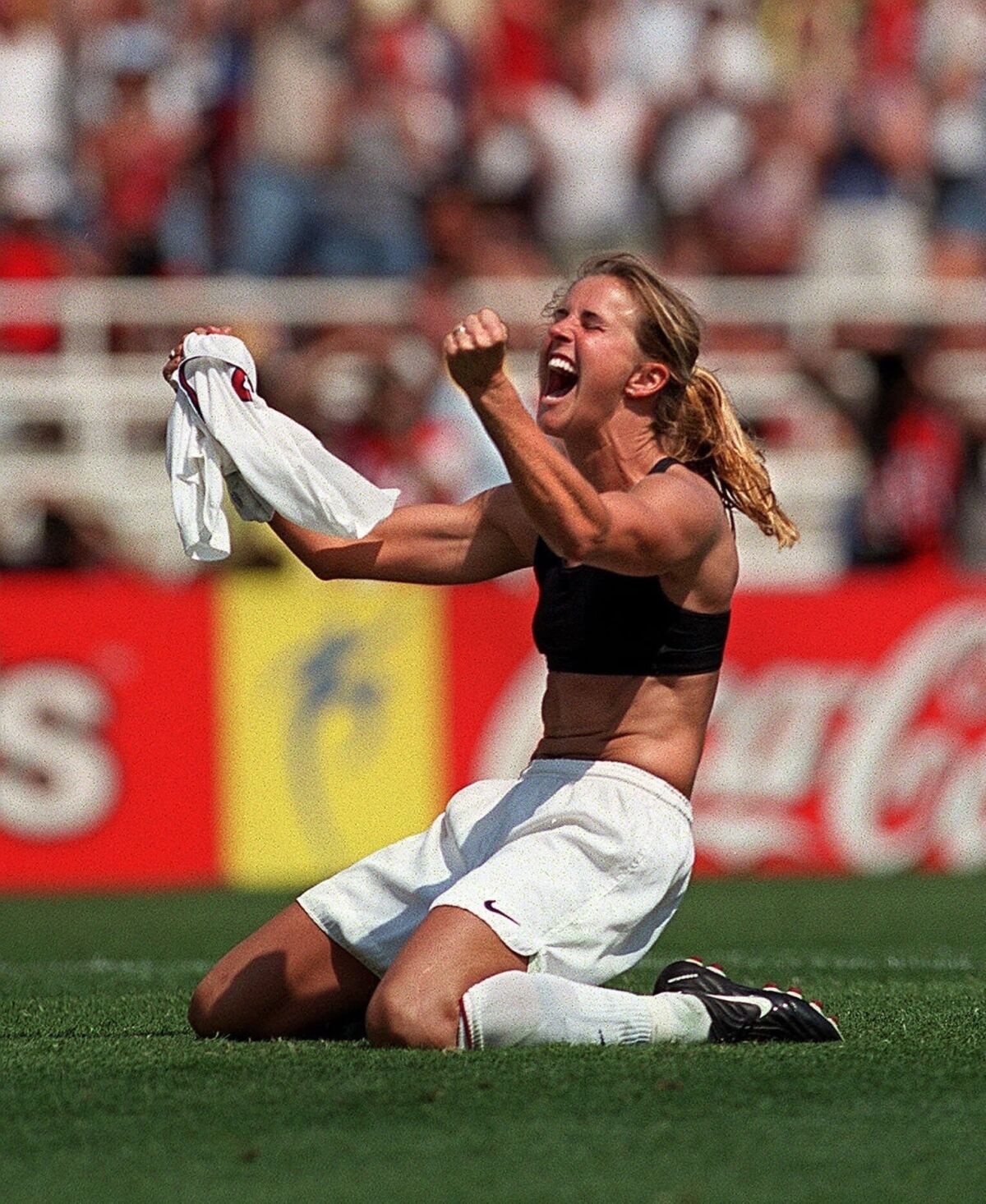 Brandi Chastain reacts to her penalty kick that won the 1999 World Cup for the U.S. women's national team in a game against China at the Rose Bowl in Pasadena.