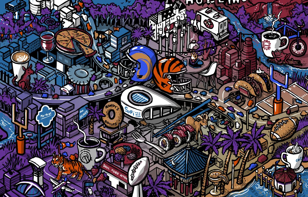 A stylized map of restaurants, businesses and sights to see in Los Angeles