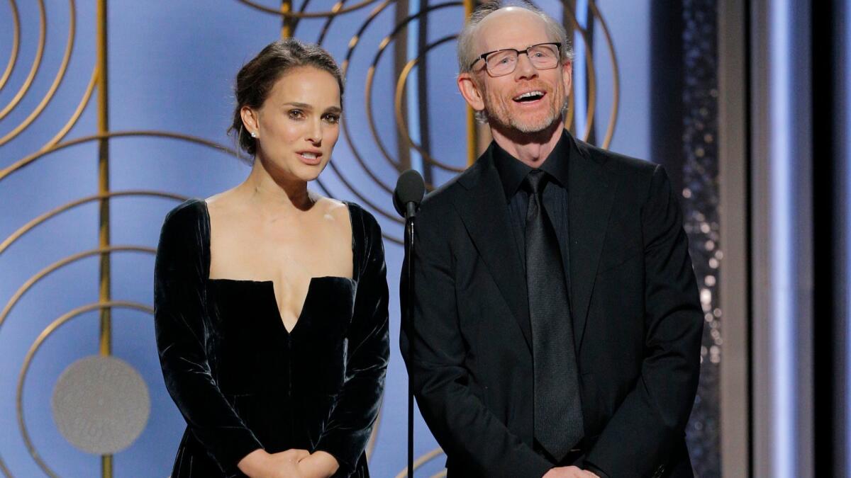 Natalie Portman and Ron Howard announce best director nominees at the 75th Golden Globe Awards in Beverly Hills on Sunday.