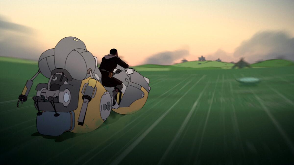 An animated cell from Scavenger's Reign shows a Black woman riding a motorcycle-type vehicle over a verdant landscape.