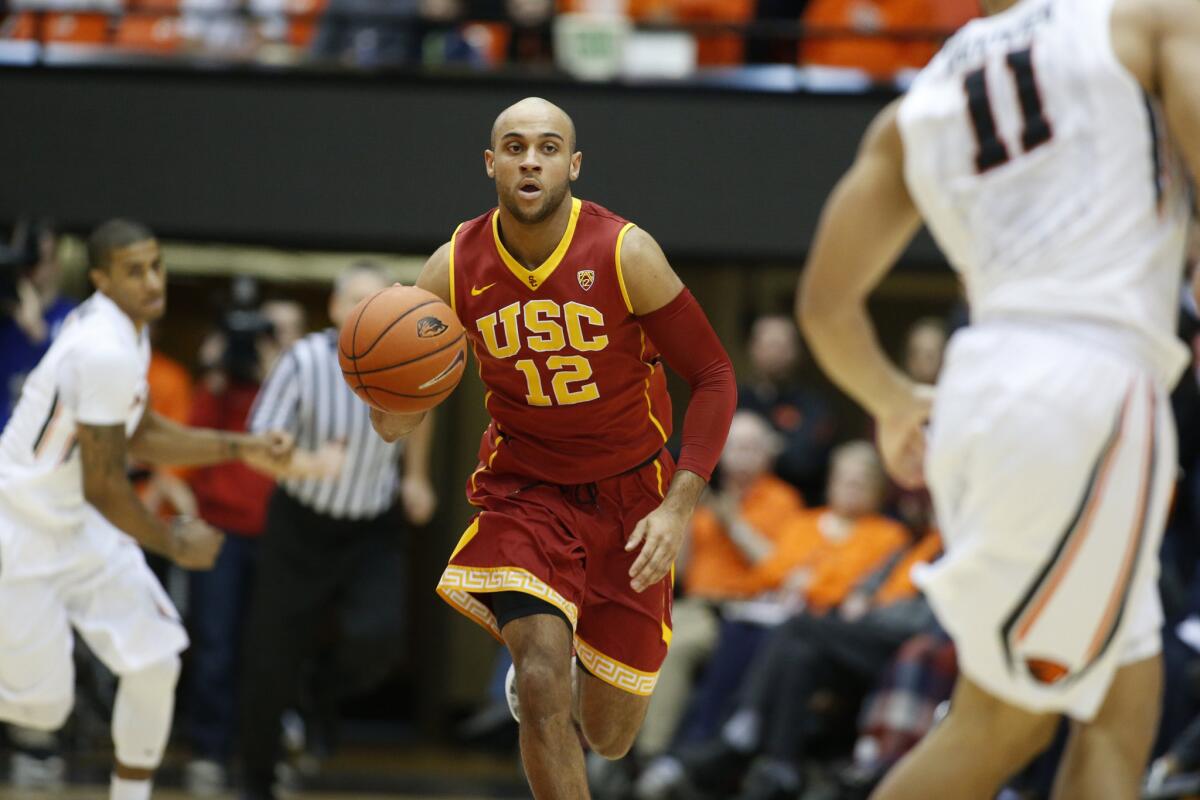 USC guard Julian Jacobs dribbles up the court during a game against Oregon State on Jan. 24.