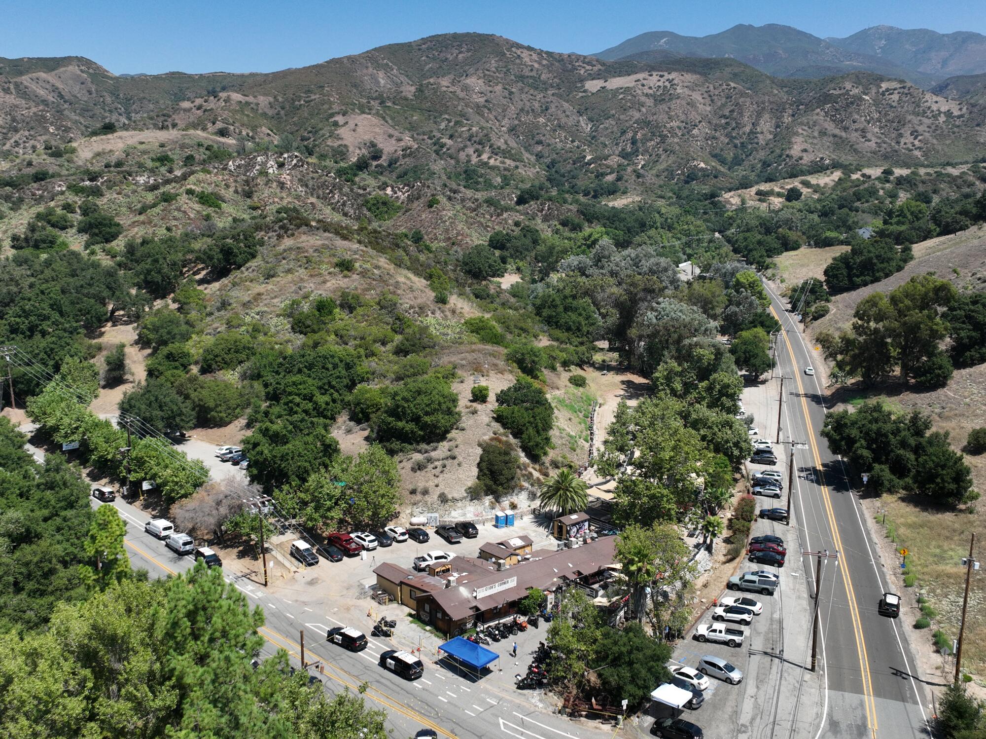 An aerial view of Cook's Corner, a landmark biker bar in Trabuco Canyon